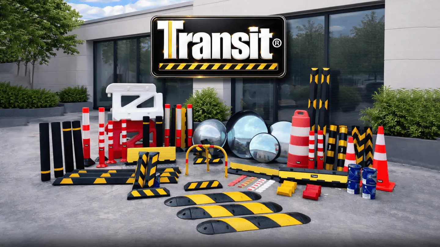 Exhibición de productos de seguridad vial y equipamiento para estacionamientos de la marca Transit, incluyendo reductores de velocidad, conos de tráfico, espejos convexos, topes y delineadores de plástico.