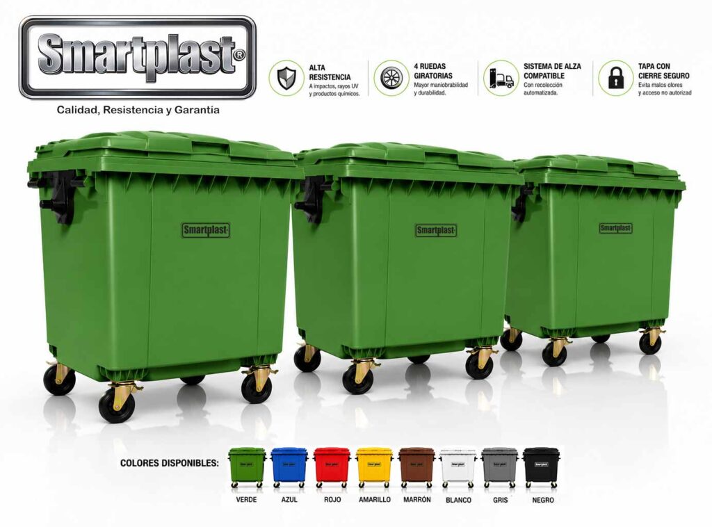 Contenedores de basura de 1100 litros Smartplast con ruedas reforzadas y colores disponibles Contenedores de basura de 1100 litros Smartplast con ruedas reforzadas y colores disponibles