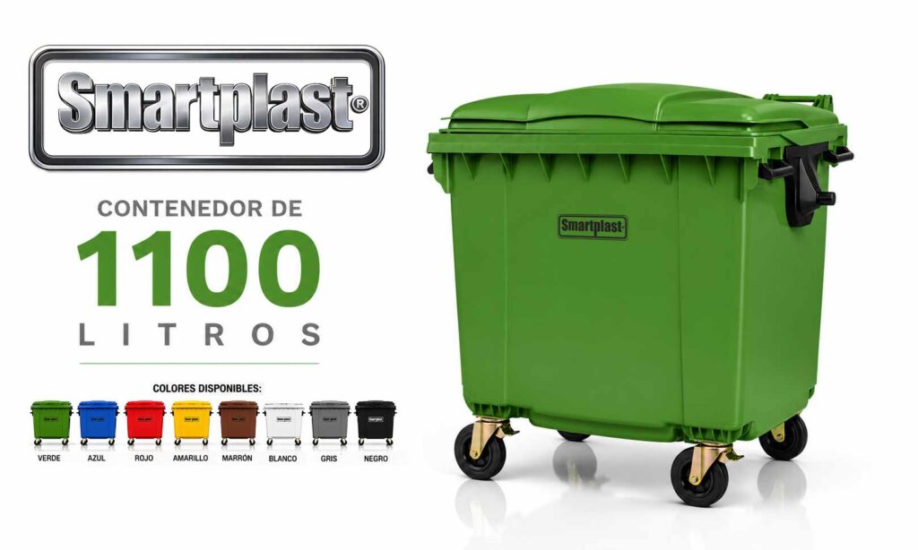 Contenedor de 1100 litros Smartplast color verde con presentación de los colores disponibles Contenedor de 1100 litros Smartplast color verde con presentación de los colores disponibles