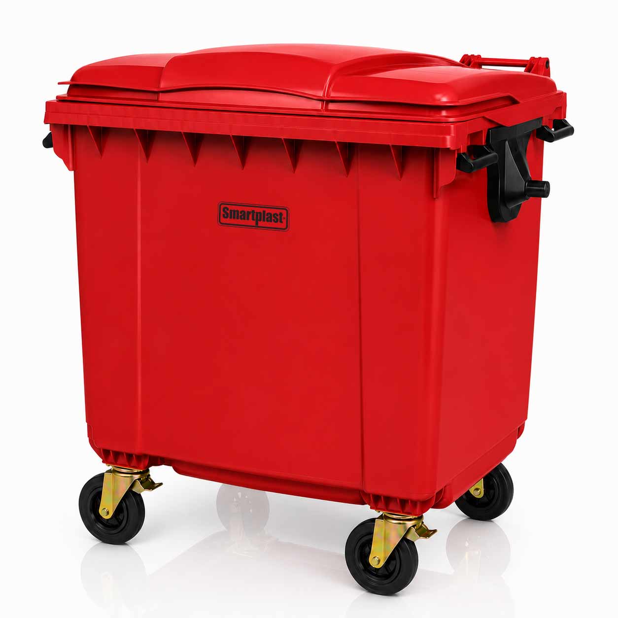 Contenedor rojo de 1100 litros con tapa y ruedas reforzadas Contenedor rojo de 1100 litros con tapa y ruedas reforzadas
