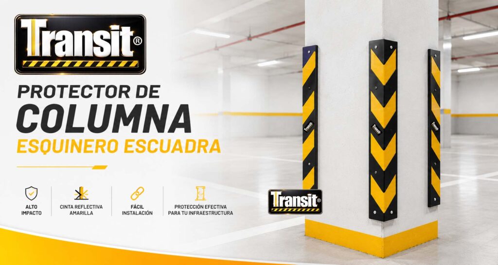 Protector de columna esquinero escuadra Transit con cinta reflectiva amarilla de alta intensidad instalado en estacionamiento. Protector de columna esquinero escuadra Transit con cinta reflectiva amarilla de alta intensidad instalado en estacionamiento.
