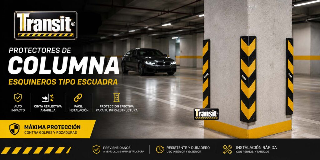 Protector de columna esquinero escuadra Transit instalado en estacionamiento con cinta reflectiva amarilla de alta visibilidad. Protector de columna esquinero escuadra Transit instalado en estacionamiento con cinta reflectiva amarilla de alta visibilidad.