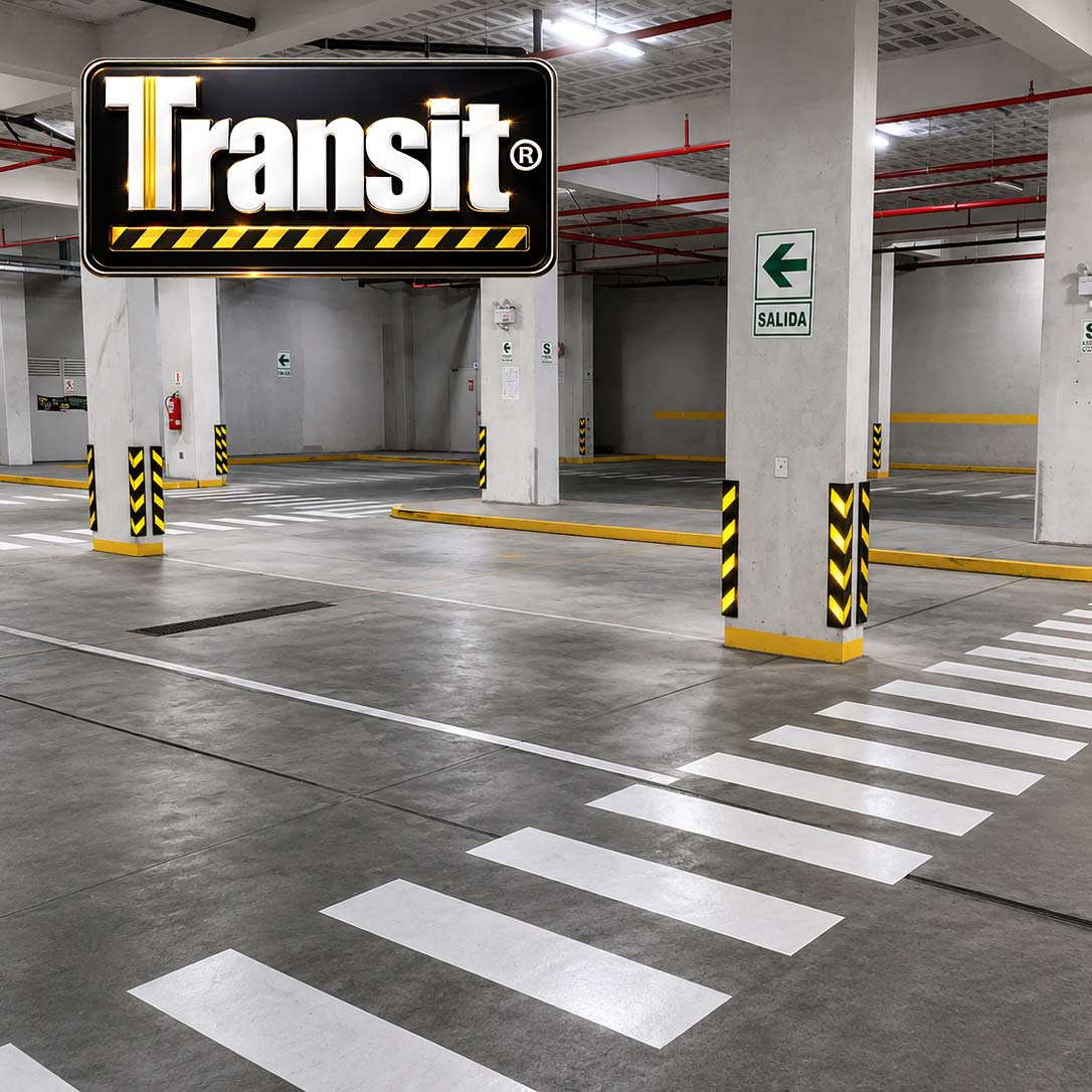 Vista general de estacionamiento equipado con protectores de caucho para columnas Transit. Vista general de estacionamiento equipado con protectores de caucho para columnas Transit.
