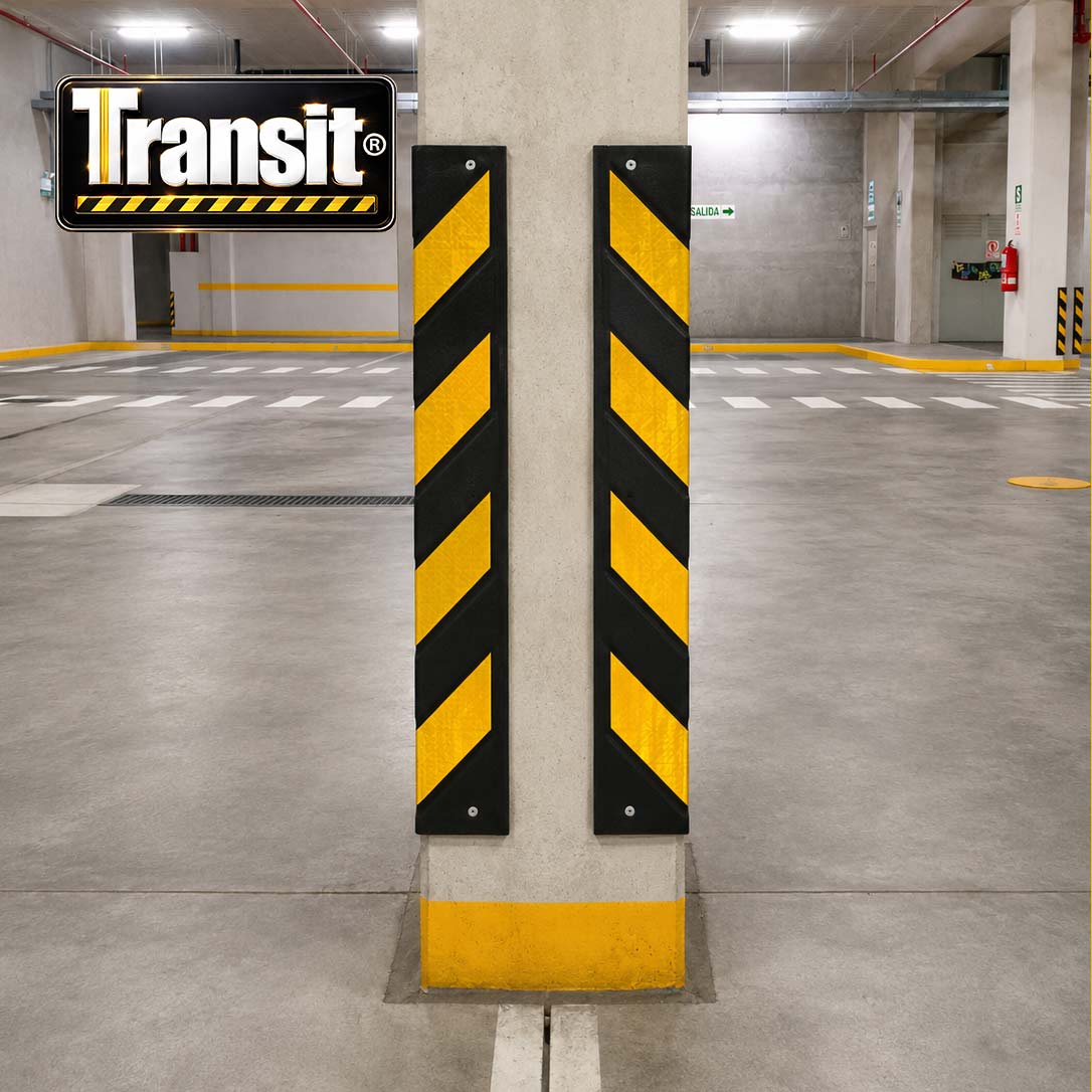 Protector de columna esquinero escuadra Transit fabricado en caucho con cinta reflectiva amarilla para estacionamientos. Protector de columna esquinero escuadra Transit fabricado en caucho con cinta reflectiva amarilla para estacionamientos.