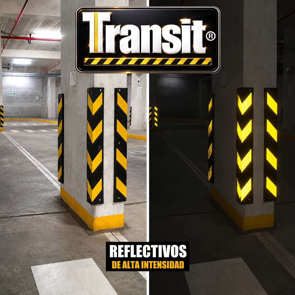 Comparativa del protector de columna esquinero escuadra Transit con cinta reflectiva de alta intensidad en condiciones de luz y poca iluminación. Comparativa del protector de columna esquinero escuadra Transit con cinta reflectiva de alta intensidad en condiciones de luz y poca iluminación.