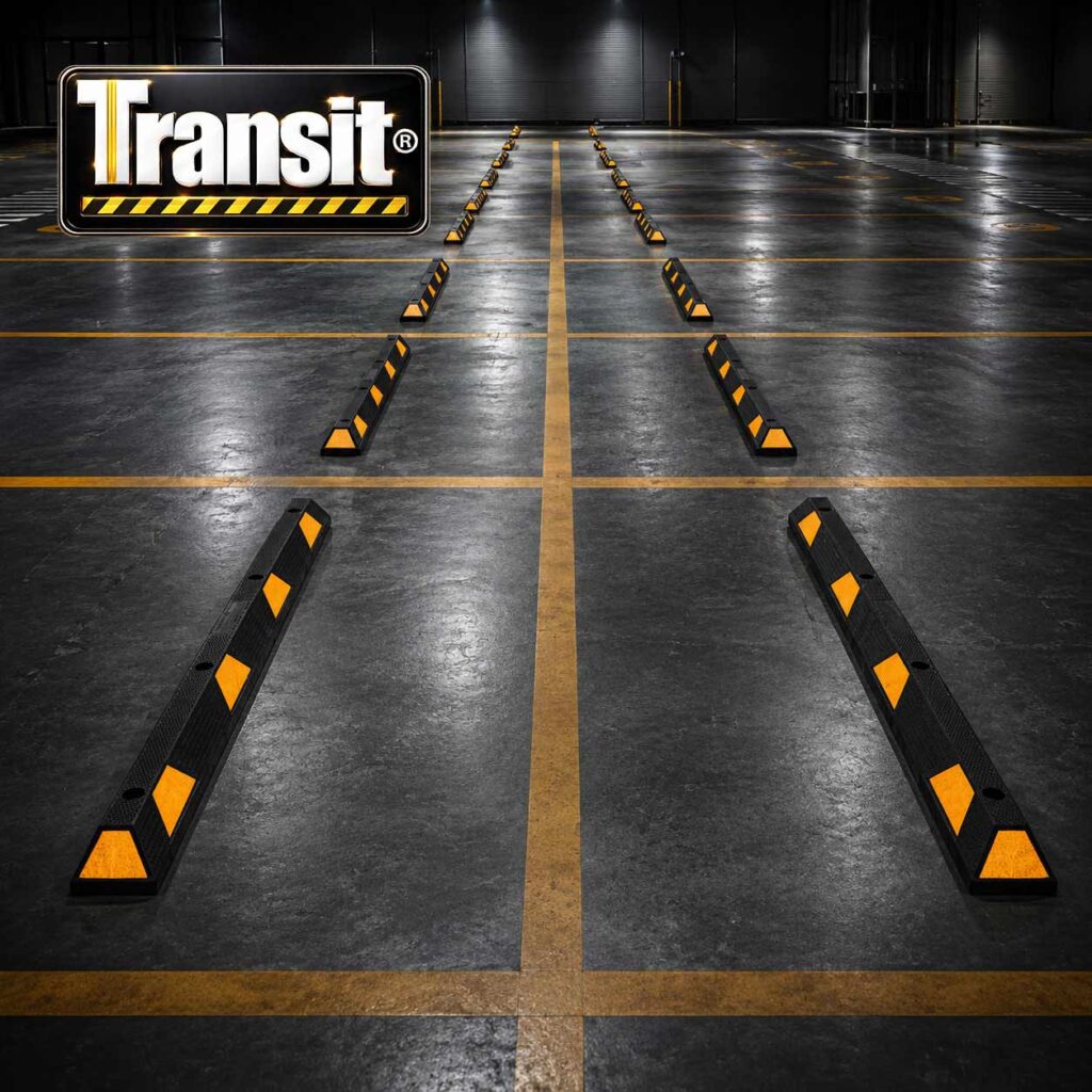 Topes de caucho instalados para delimitar espacios de estacionamiento Topes de caucho instalados para delimitar espacios de estacionamiento