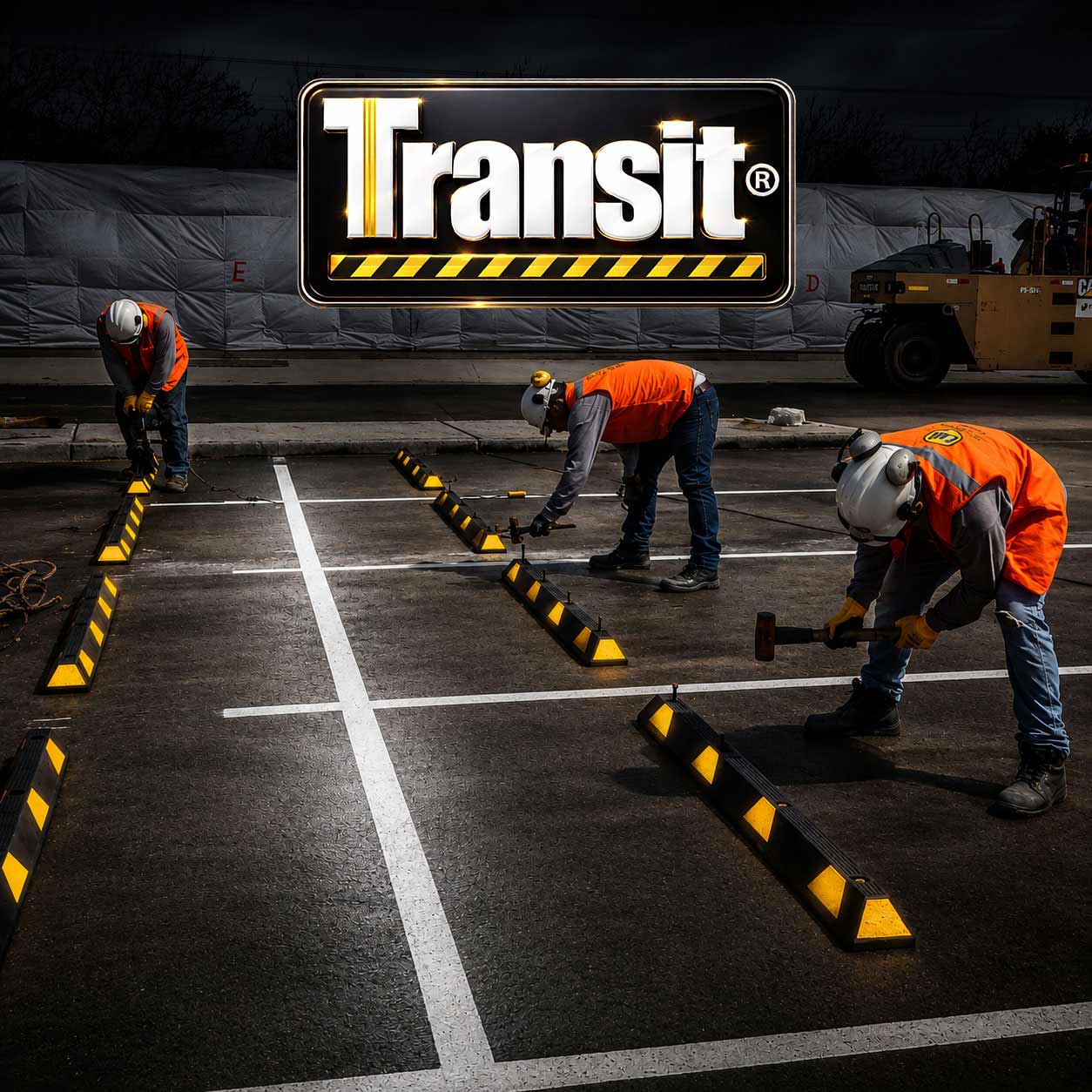 Instalación profesional de topellantas de estacionamiento sobre asfalto Instalación profesional de topellantas de estacionamiento sobre asfalto